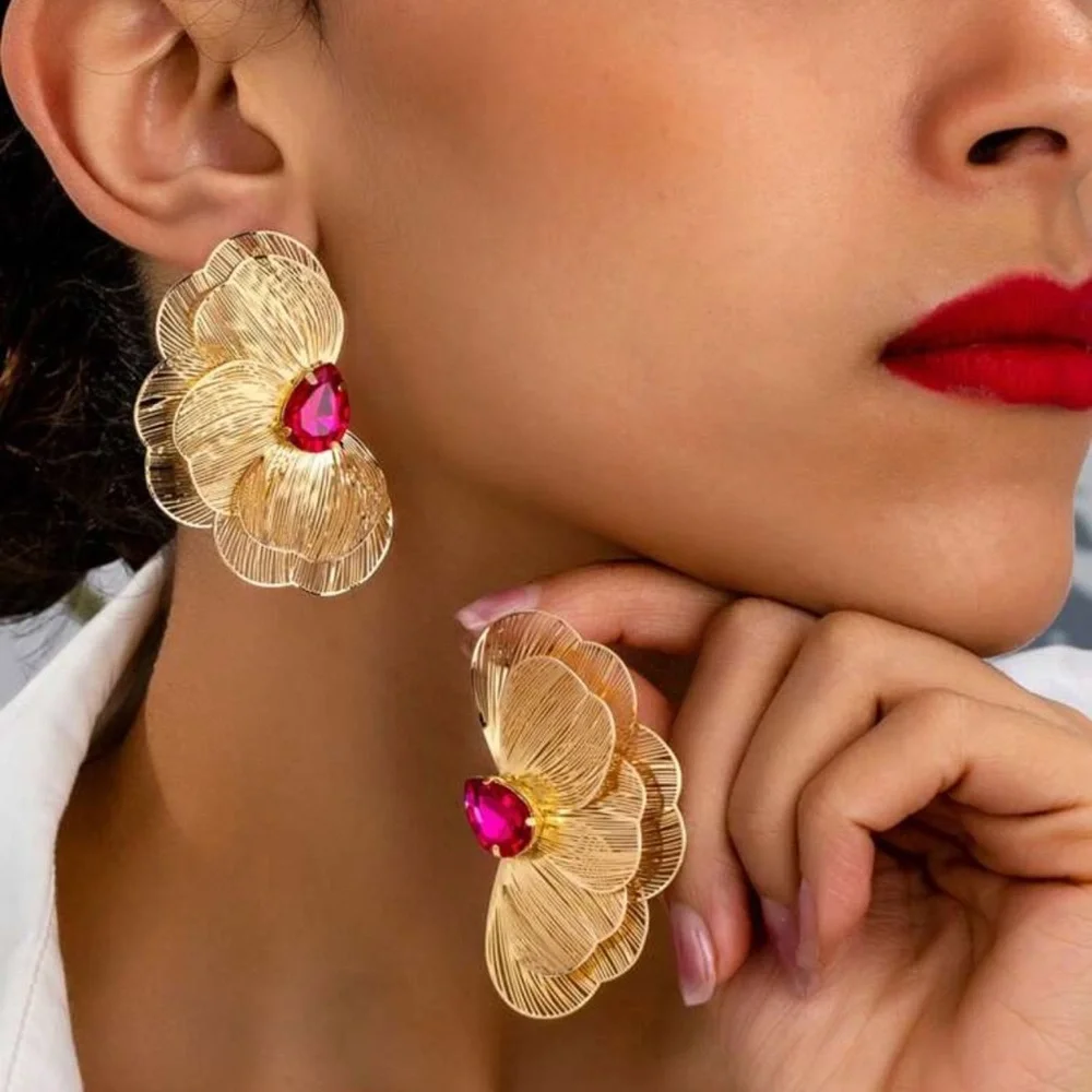Gold Metal Flower Earrings Pink Stone Delicate Petals Jumbo Garden Jewelry NEW